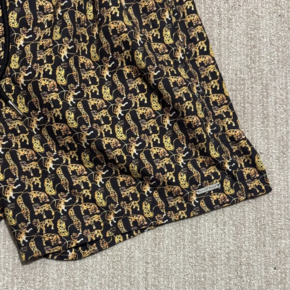 Jared Lang Mens M Black Animal Print Hybrid Swim Trunks Mesh Lined Board Shorts